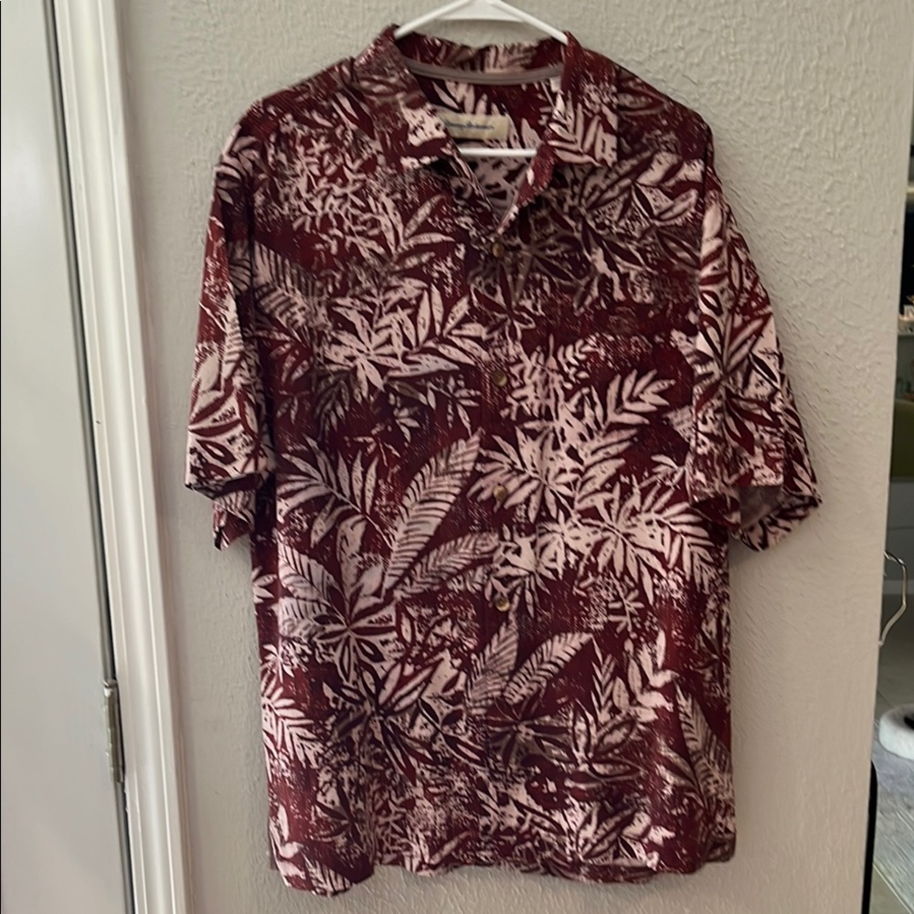 Tommy Bahama Tropical Print Shirt - Maroon and White, size large, 100% silk.